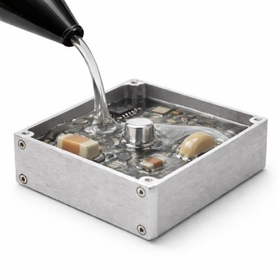 Clear flexible epoxy potting compound gently encapsulating electronic components inside an aluminum enclosure, designed to absorb stress and protect sensitive circuitry.